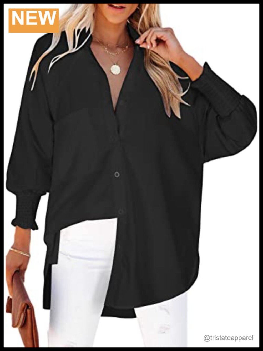 Women's Button Down Blouse Striped Smocked Cuffed Oversized Shirt 80% Polyester